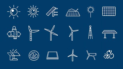 Poster - Collection of 15 linear icons representing solar energy systems with symbols for renewable energy sources sunlight and efficiency in a clean
