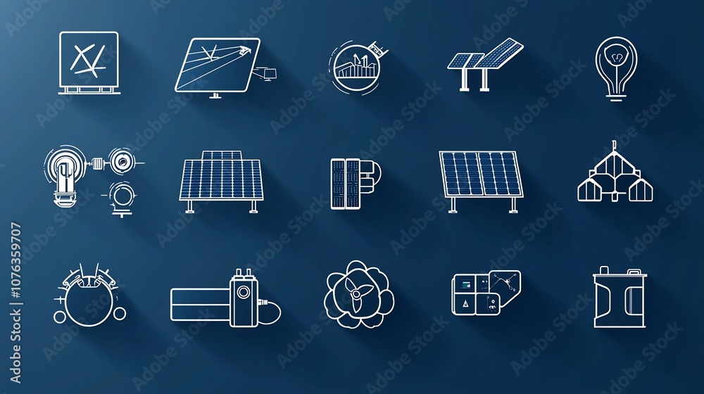 Outline icon set of 15 solar related symbols including solar arrays ...