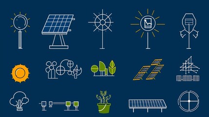 Poster - Comprehensive set of 15 thin line icons highlighting the key elements of solar technology including energy transformation green energy solutions and photovoltaic symbols