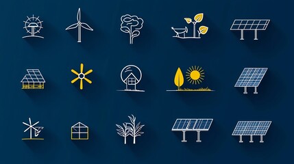 Poster - Comprehensive set of 15 icons representing various aspects of solar and renewable energy solutions including solar panels installations grid turbines