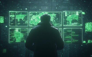 Fototapete - A figure silhouetted against glowing screens displaying digital maps and data, suggesting themes of surveillance and technology.
