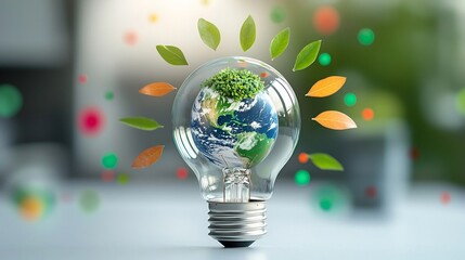 Poster - Close up of an energy efficient transparent light bulb design featuring a miniature Earth covered in vibrant green leaves