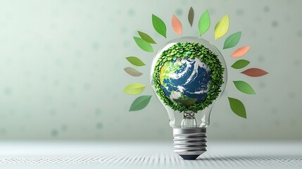 Poster - Eco Themed Light Bulb with Earth and Renewable Energy Symbols   Close up of a light bulb filled with a miniature Earth covered in vibrant green foliage