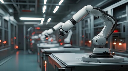 Poster - A Row of Robotic Arms in a Factory Setting