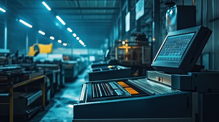Poster - Industrial Computer Console with Blue Lighting and Keyboard