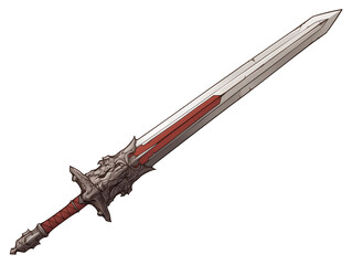 Poster - detailed illustration of fantasy sword with red and silver blade, featuring intricate designs on hilt, isolated on white background