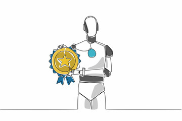 Poster - Single one line drawing artificial intelligence robot holding medal emblem. Potential of AI to surpass human capabilities. Tech. Employee Appreciation Day. Continuous line design graphic illustration