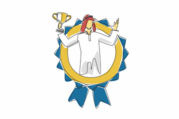 Poster - Single continuous line drawing Arabian man holding trophy. Cultural achievement. Success. Pioneering success with smart work. Level up. Employee Appreciation Day. One line design vector illustration