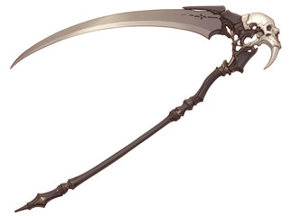 Poster - intricately designed scythe with skull motif and sharp, curved blade, isolated on white background, exuding mystical aura
