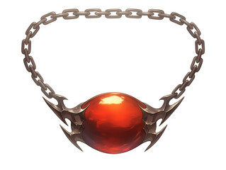 Poster - mystical red amulet with metallic chain and intricate design, isolated on white background. amulet vibrant color and unique craftsmanship evoke sense of enchantment and mystery