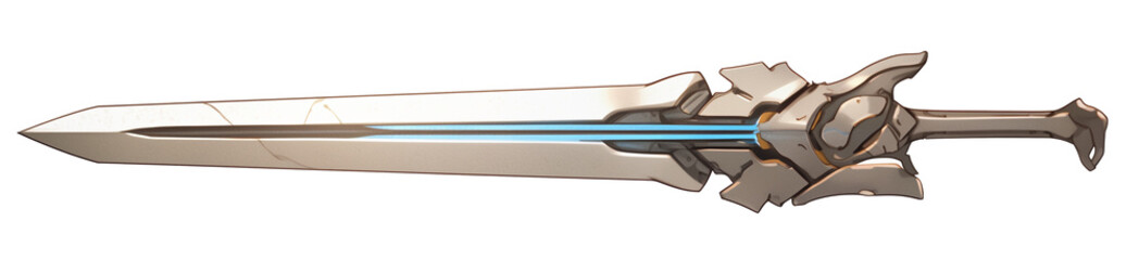 Poster - futuristic sword with sleek design and glowing blue accents, isolated on white background. blade appears sharp and technologically advanced, suggesting sci fi theme