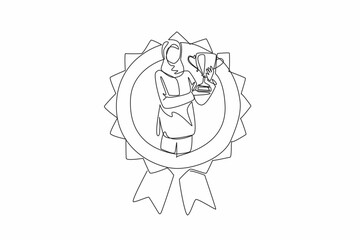 Poster - continuous one line drawing arab woman holding trophy. triumphant pose. determination. achievements.