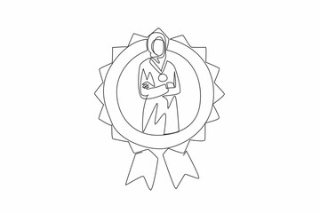 Poster - Single one line drawing Arabian woman crossed arm on chest while medal around neck. The diversity of human experiences. Success. Employee Appreciation Day. Continuous line design graphic illustration