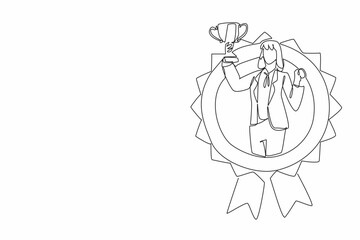 Poster - continuous one line drawing woman in blazer holding trophy. breaking gender barriers in the workplac