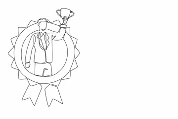 Poster - single continuous line drawing man in suit and tie hold trophy. success. accomplishment, determinati