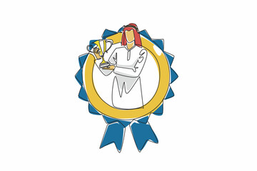Poster - Single one line drawing Arabian man raise the trophy. With perseverance and dedication, anyone can achieve the dreams. Success. Employee Appreciation Day. Continuous line design graphic illustration