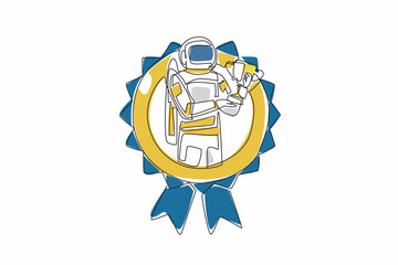 Poster - Single continuous line drawing astronaut holding trophy. Victory over the challenges and risks associated with space travel. Cosmonaut. Employee Appreciation Day. One line design vector illustration