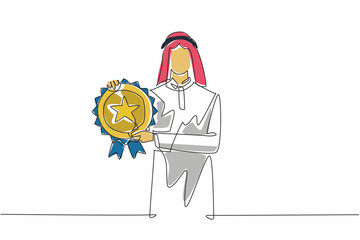 Poster - Single continuous line drawing Arabian man holding medal emblem. Recognition of contributions of individuals from different backgrounds. Employee Appreciation Day. One line design vector illustration