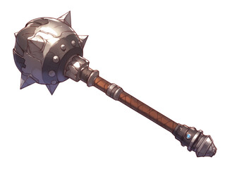 Poster - spiked mace with metallic head and wooden handle, isolated on white background, showcasing fantasy weapon design