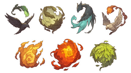 Poster - Various fantasy style elemental icons featuring birds and swirling elements on white background. icons include representations of earth, fire, water, and air, each with unique artistic designs