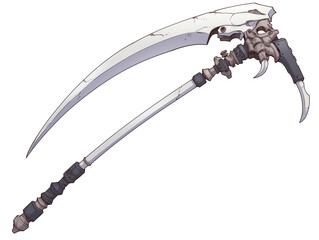 Poster - menacing scythe with skull adorned handle and sharp, curved blade, isolated on white background. design is intricate, featuring dark and light contrasts, evoking sense of mystery and danger
