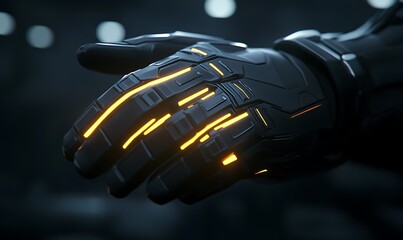Aufkleber - A futuristic, high-tech glove with glowing orange lines, showcasing advanced design and technology.