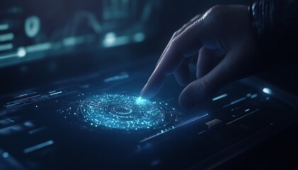 Poster - A hand interacts with a glowing digital interface, showcasing a cosmic design, symbolizing advanced technology and data interaction.
