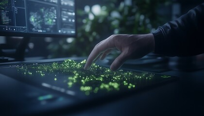 Fototapete - A hand interacts with glowing particles on a digital interface, surrounded by a modern workspace and plants, suggesting a blend of technology and nature.