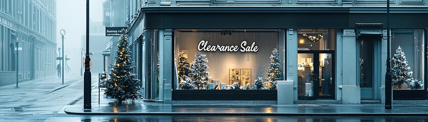 Poster - elegant christmas decor in a storefront with â€œclearance saleâ€ signage, inviting holiday shoppers