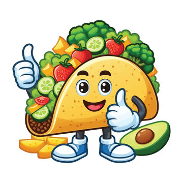 Cute Cartoon healthy Taco Food character giving a thumbs up ,colorful vector illustration, isolated on white background 