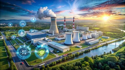 Poster - Aerial View of a Nuclear Power Plant with HUD Graphics Showcasing Atomic Energy, Clean Energy Solutions, Reactor Design, and Nuclear Safety Measures in Urban Exploration Photography
