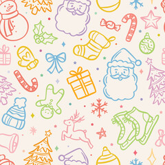 Poster - Cute colorful cartoon Christmas vector repeat pattern, seamless repeating wallpaper or wrapping paper tile for the winter holidays, doodle illustration print design