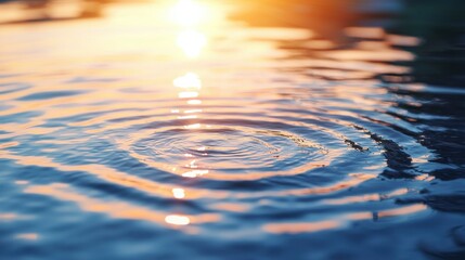 Aufkleber - Create a serene atmosphere with a soft blur abstract background featuring circular patterns reflected in water ripples at sunset