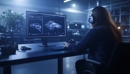 Fototapete - A person with headphones analyzes data on dual monitors in a dark, tech-infused workspace.