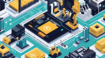 Poster - An Isometric Illustration of a Futuristic Factory Production Line with Robots and Automated Systems