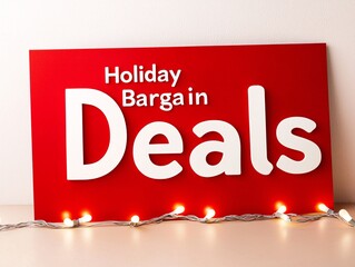 Poster - Red and white sale poster with â€œHoliday Bargain Dealsâ€ and Christmas lights.