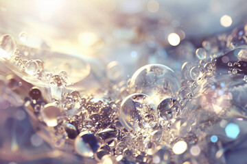 Poster - A close-up shot of shimmering bubbles in water, reflecting light and creating a dreamy atmosphere, emphasizing the delicate and intricate details of the bubbles amidst a soft background.