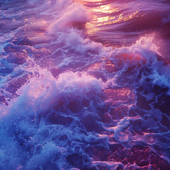 Poster - A vibrant view of ocean waves illuminated in purple and pink hues, with foamy white crests crashing against each other, creating a dynamic and colorful seascape under the setting sun.