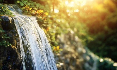 Poster - Lush Green Garden Waterfall Cascading Down Rocks at Sunset in Tranquil Setting : Generative AI