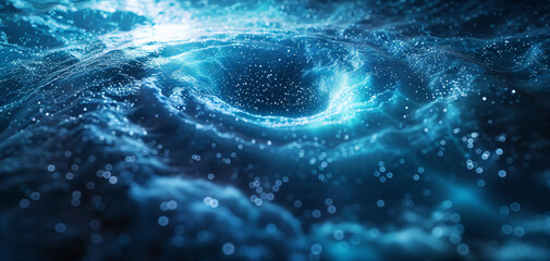 Poster - A mesmerizing view of a swirling vortex in blue tones, creating a dynamic and ethereal effect with sparkling particles and waves that evoke a sense of depth and mystery in the water.
