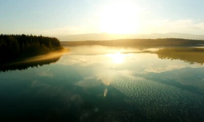 Aufkleber - Beautiful Sunrise Over Calm Lake with Misty Reflection and Forest Horizon : Generative AI