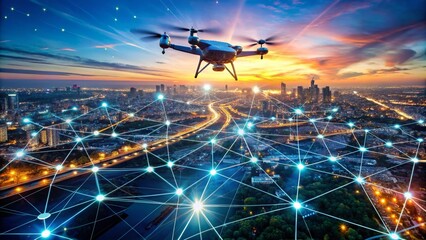 Poster - Aerial View of Digital Security Operations: Drone Photography Capturing AI Scanning Networks for Vulnerabilities with Glowing Data Streams Representing Cybersecurity Innovations