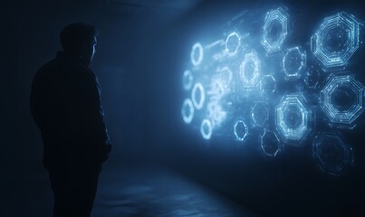 Poster - A person observes glowing digital patterns on a wall, creating a futuristic and immersive technological atmosphere.