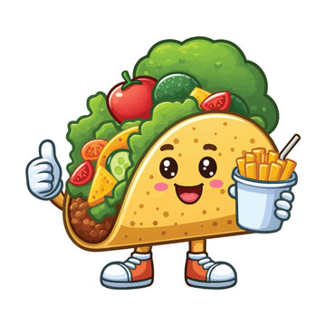 Cute Cartoon healthy Taco Food character giving a thumbs up ,colorful vector illustration, isolated on white background 