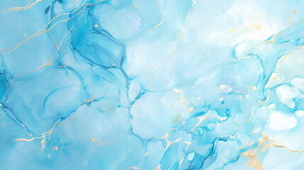 Poster - Abstract illustration featuring a fluid blend of light blue and white colors with a touch of gold, creating a serene and elegant visual for design and decoration.