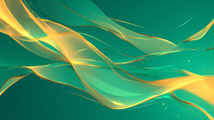 Poster - Abstract illustration displaying soft waves of green and gold shimmering against a dark background, creating a sophisticated and modern visual effect for design purposes.