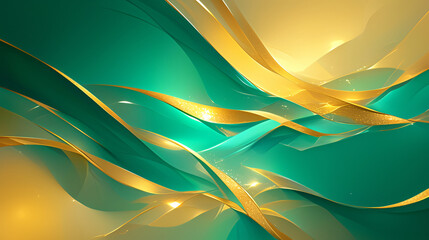 Poster - Abstract illustration featuring a dynamic interplay of green and gold waves shimmering with light, creating an elegant and contemporary visual for artistic projects.