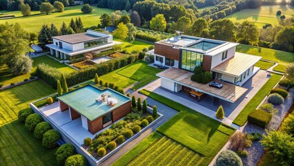 Poster - Aerial View of Minimalist Houses Showcasing Clean Lines, Open Spaces, and Natural Materials in a Serene Landscape for Modern Architectural Inspiration