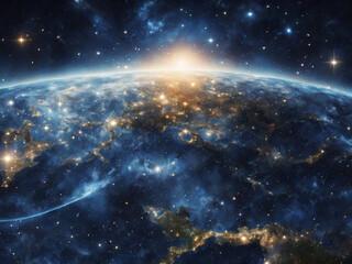 Poster - Stunning space illustration depicting an illuminated planet from a distance with swirling clouds and stars, showcasing a vibrant universe for science fiction and artistic projects.