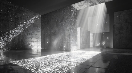 Poster - Abstract monochrome illustration featuring a room illuminated by light beams, enhancing the textures of the walls and floor with a focus on light and shadow for artistic exploration.